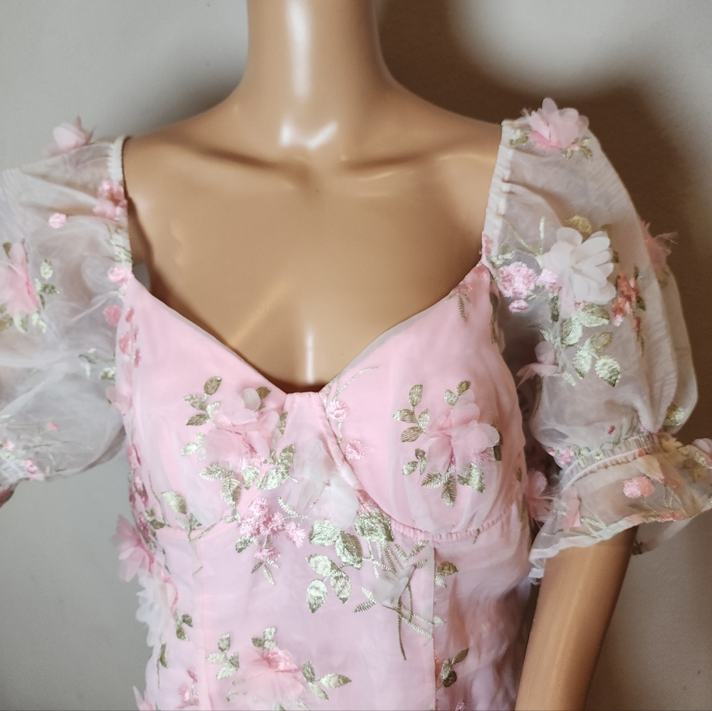 Sugar Thrillz 3D Floral Pink Green Puff Sleeve Mini Dress Size 1X Fairy Coquette - Picture 4 of 16